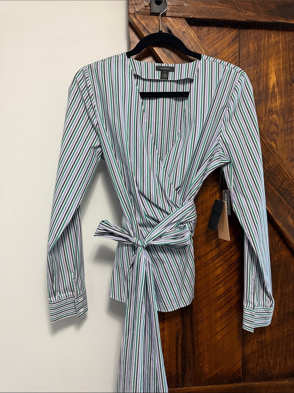 Halogen Green, White & Black Striped Wrap Blouse